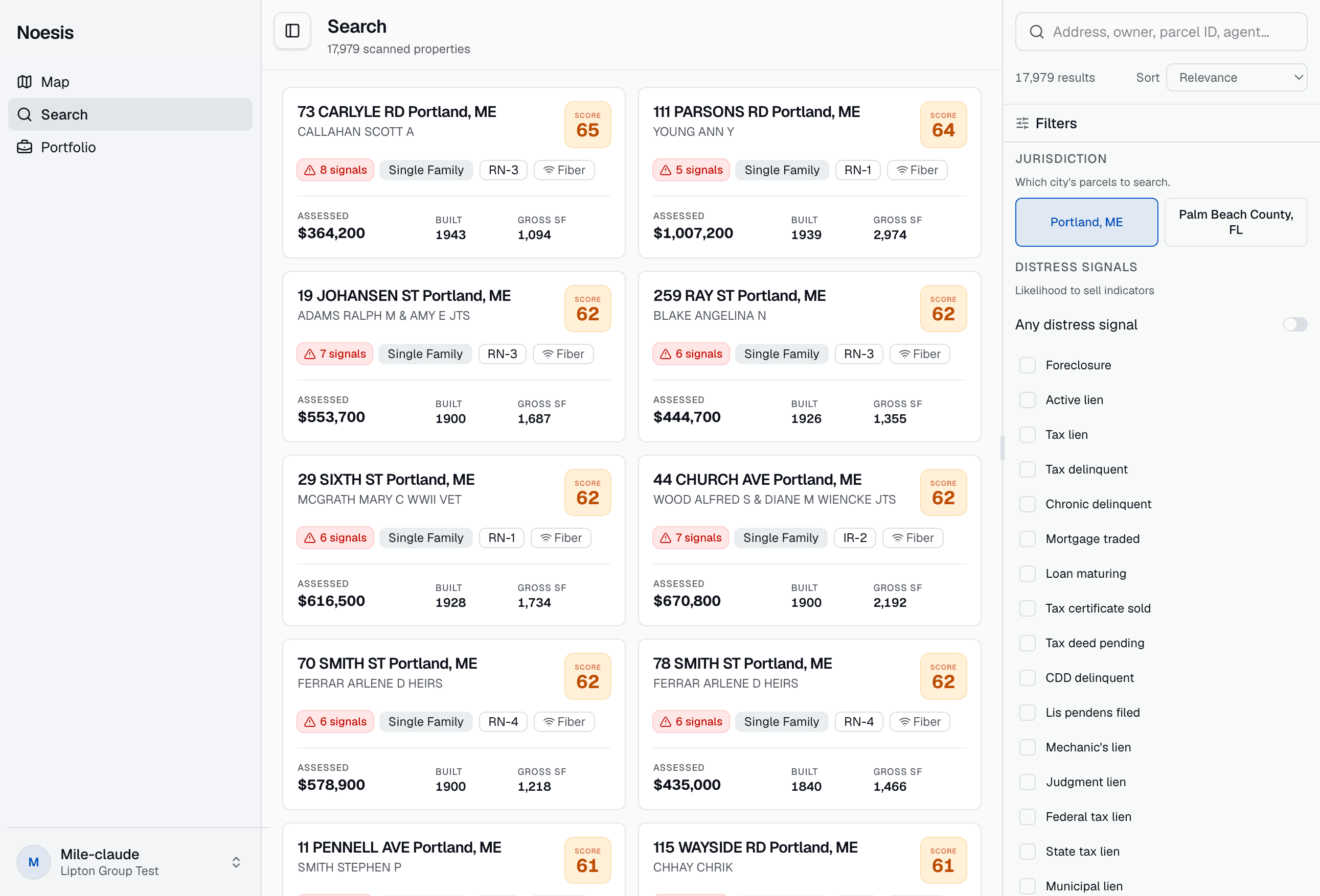The Noesis search grid: scored, filterable property cards